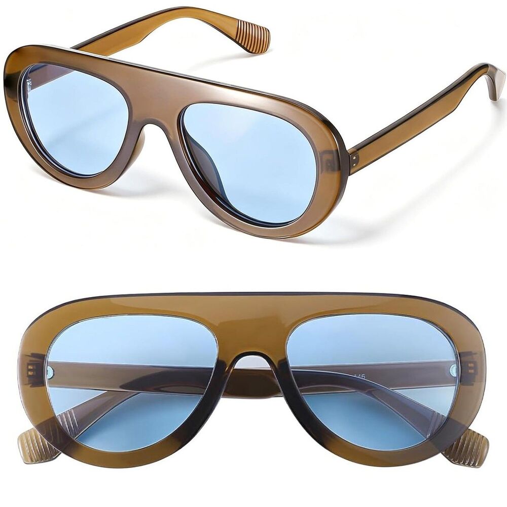 Oversized Unisex Brown Blue Chunky Pilot Retro 70s Modern Fashion Sunglasses